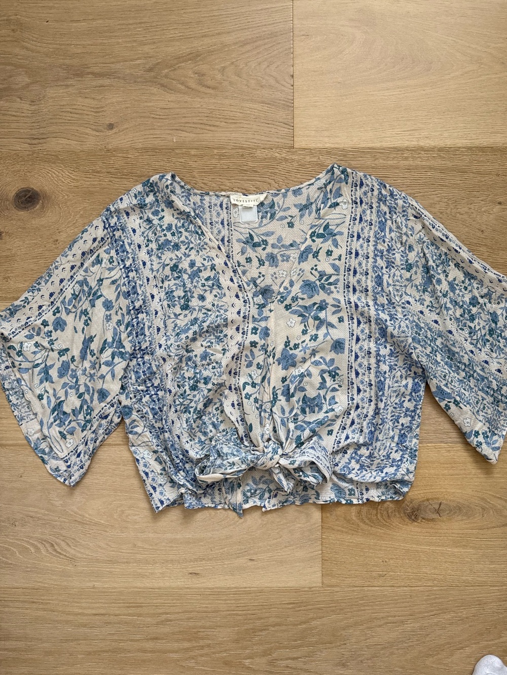 Lovestitch Floral Tie-Front Blouse Top in Blue and Cream